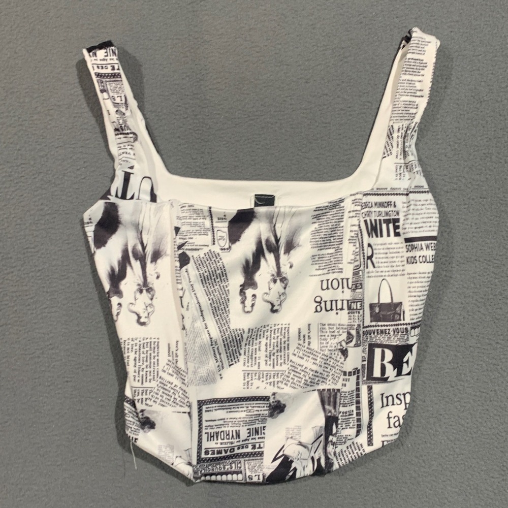 Windsor Newspaper Print Corset Style Crop Top White Black XS Square Neck Y2K